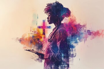 National Pharmacist Day. A colorful and dynamic abstract portrait of a healthcare professional in a lab coat holding a clipboard, symbolizing dedication and innovation in medicine.