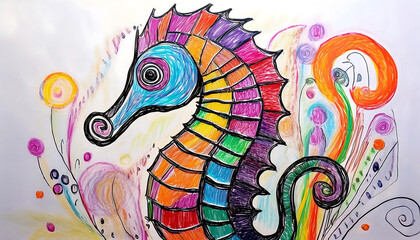 Obraz premium Whimsical Crayon Seahorse with Curly Tail and Playful Charm
