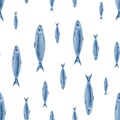 Sardine fish in seamless pattern swimming up and down in stylized watercolor illustration on a transparent background for the holiday sardine funeral,fish restaurants,posters,fish markets and stores