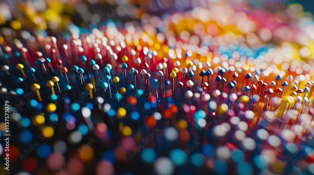 Poster colorful pushpins creating sonic patterns studio setting closeup photography vibrant atmosphere arti