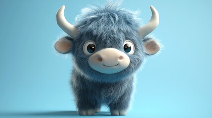 A 3D rendered image of a yak with large eyes.