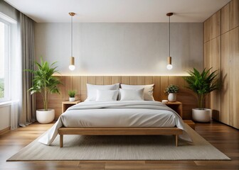 Minimalist Bedroom Photography: Crisp White Sheets, Wooden Headboard, Soft Lighting
