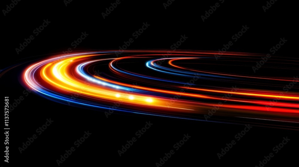Poster vibrant light trails creating dynamic patterns against black background