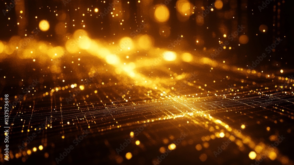 Poster glowing abstract background with golden particles and light rays