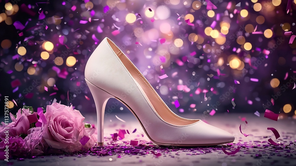 Poster a stunning pair of matte white high heels illuminated with soft lighting confetti adds a playful tou