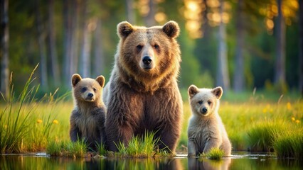 Obraz premium Minimalist Brown Bear Cubs Swamp Portrait: Summer Forest Wildlife Photography