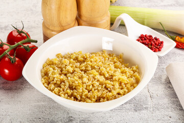 Boiled bulgur wheat in the bowl