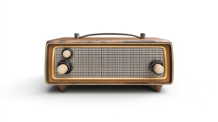 Fototapeta premium A vintage wooden radio with a metal grille and knobs.