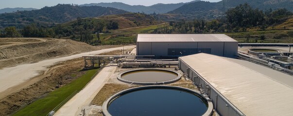 Aerial view of a water treatment facility with large circular tanks, surrounded by hills and open land.