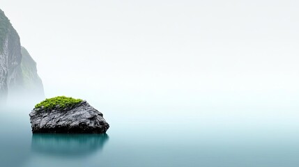 Mysterious fog concept. Tranquil seascape featuring a solitary rock in calm waters under a serene sky.