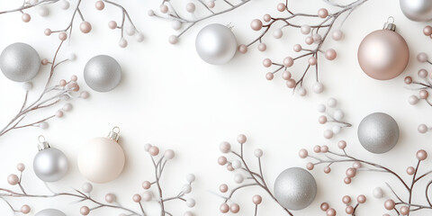 Obraz premium Minimalist holiday decoration with silver and blush ornaments on white background