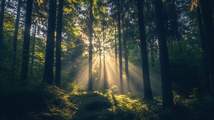 Obraz premium Sunlight Streaming Through a Misty Forest