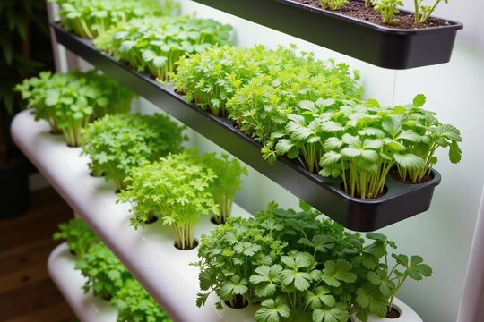 Lush indoor vertical herb garden with tiered hydroponic system for fresh culinary greens