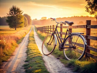 Naklejka premium Minimalist Country Road Bike Photography: Scenic Cycling, Rural Landscape, Bicycle Ride, Nature Escape