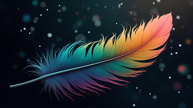 Imagine a vibrant colorful feather highly detailed and realistic set against a dark mysterious background that shimmers with sprinkles of silver glitter