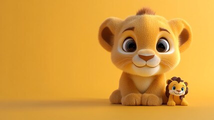 A cute cartoon lion cub with big eyes, on a yellow background.