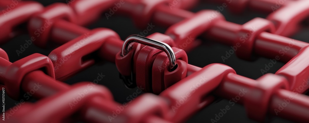 Poster a close-up image of a red interlocking chain with a prominent black hook, showcasing texture and con