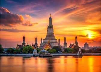 Minimalist Evening Wat Arun: Bangkok Temple Silhouette, Golden Hour, River View, Thailand Scenery, Asian Architecture