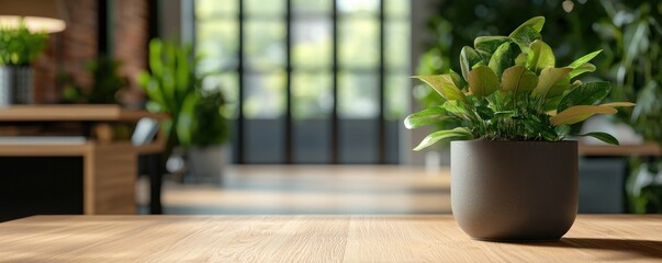 Fototapeta premium A potted plant sits on a wooden table, with a bright, modern interior and large windows in the background, creating a serene and inviting atmosphere.
