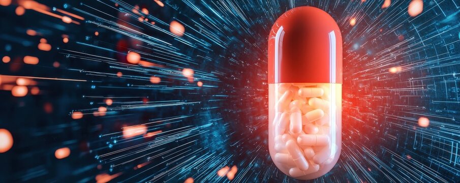 A vivid depiction of a red and white capsule surrounded by dynamic digital elements, symbolizing the intersection of medicine and technology.