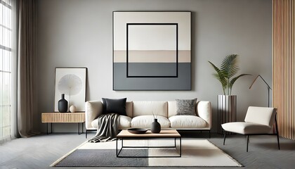 Modern Living Room Interior with Geometric Artwork and Neutral Tones