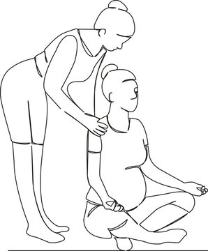 recommend clip art: One continuous single drawing line art flat doodle Yoga instructor corrects posture of pregnant woman, practice, relaxation, meditation. Isolated image hand draw contour on a white background, hand dr