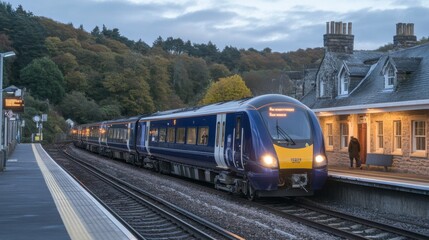 Naklejka premium Modern Train Arriving at Scenic Station Amidst Autumn Landscape