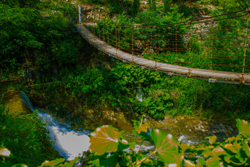 Narrow pedestrian bridge over mountain river in the forest, Georgia