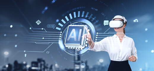 Woman using virtual reality headset interacting with AI interfac