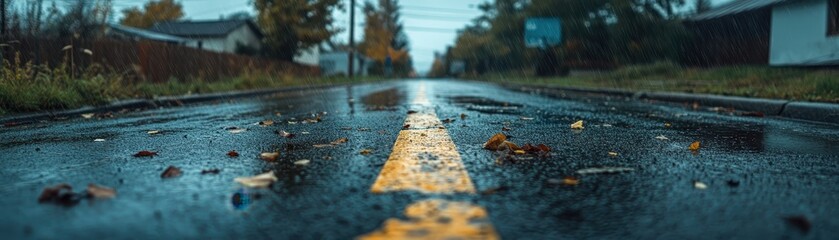 Wet road after rain in a quiet suburban area.