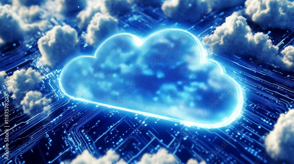Poster a futuristic cloud symbol surrounded by digital elements, representing cloud computing and data stor