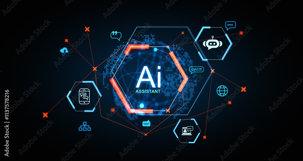 Poster ai assistant interface with futuristic holographic elements on dark background. 3d rendering