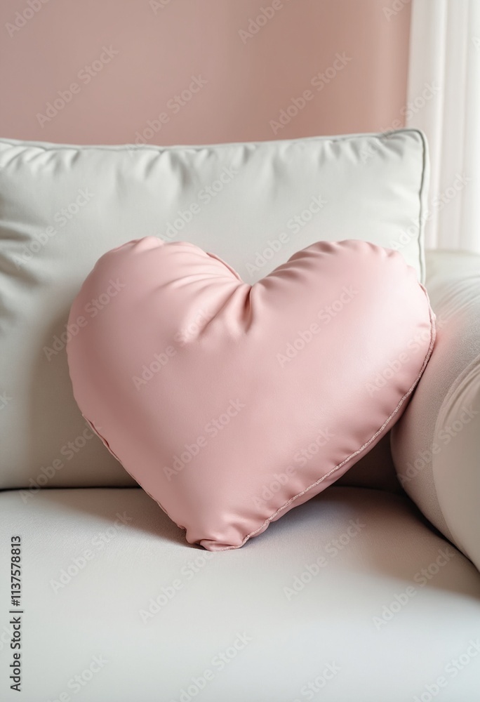 Wall mural Heart shaped pink leather pillow on light sofa