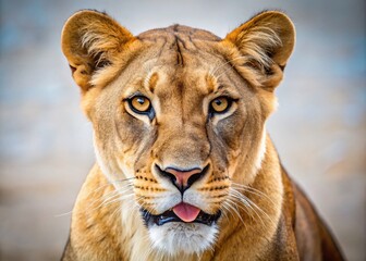 Obraz premium Minimalist Lioness Portrait: Lip Licking Gaze, Wildlife Photography, Big Cat, African Animal