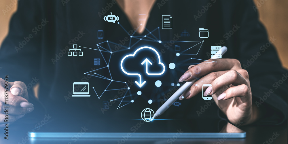 Poster digital cloud storage concept with icons and network connection on a tablet screen in a dark workspa