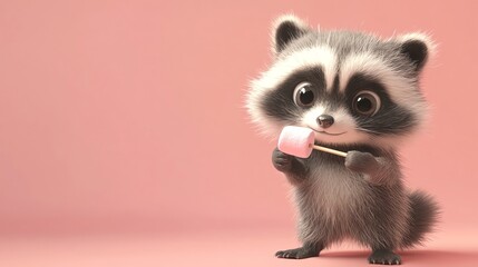A cartoon raccoon holding a marshmallow on a stick.