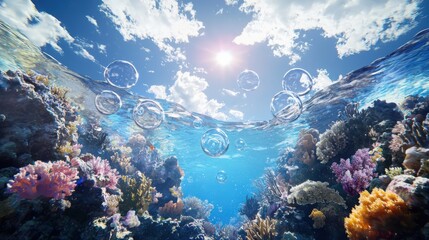Naklejka premium Bubbles rising to surface coral reefs underwater scene colorful marine life underwater viewpoint imaginative ocean concept