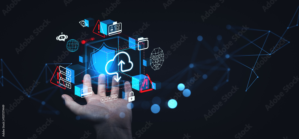 Poster network and cloud storage concept with glowing icons and data symbols floating above a hand on a dar