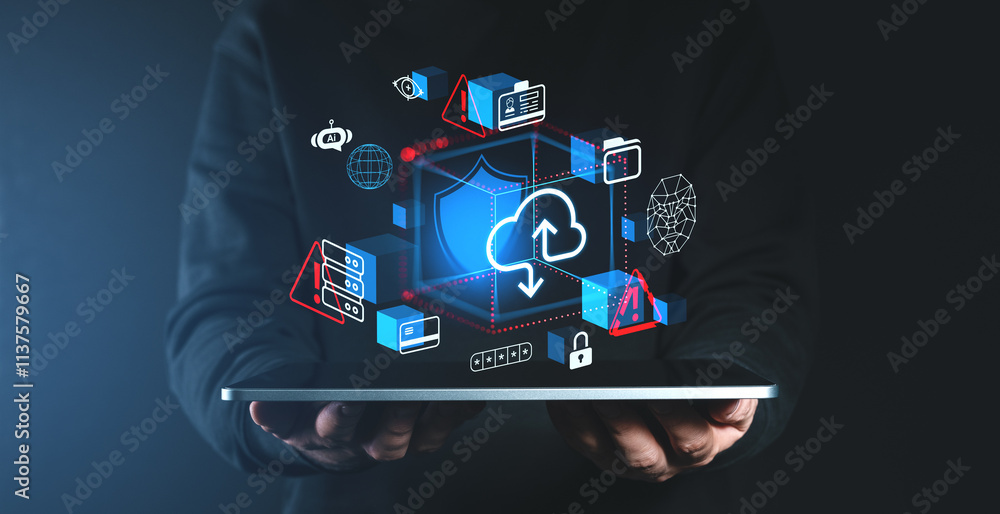 Poster digital cloud storage security concept with user holding tablet and holographic icons on dark backgr
