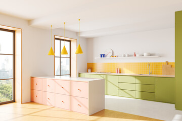 Modern kitchen interior with pastel cabinets, yellow backsplash, and stylish lighting design. 3D Rendering