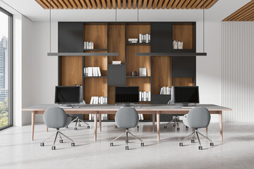 Modern coworking office interior with wooden accents and minimalist design. 3D Rendering