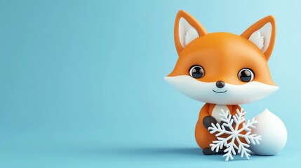 Obraz premium A cute cartoon fox holding a snowflake on a light blue background.