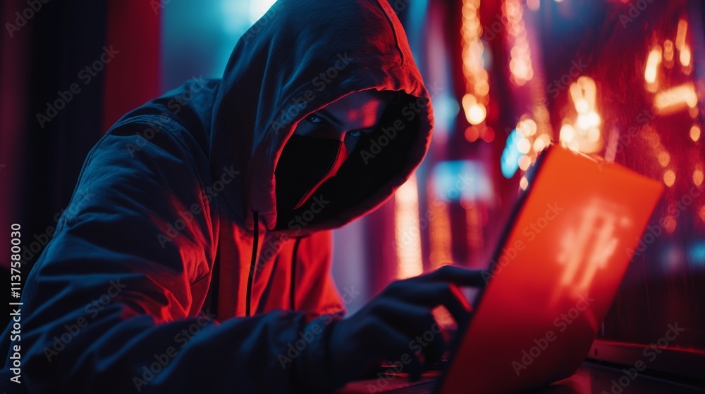 Poster a shadowy figure in a hoodie uses a laptop, illuminated by colorful lights, creating a mysterious, c