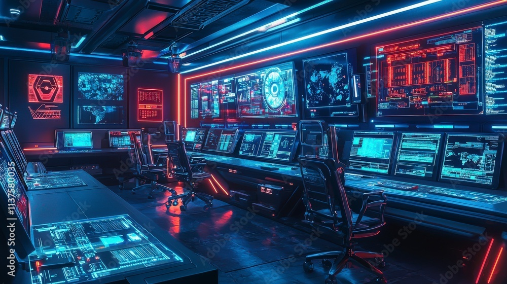 Aufkleber Futuristic ai-driven cybersecurity control room high-tech environment digital monitoring modern viewpoint innovative concept