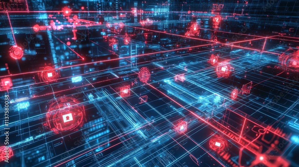 Poster Cybersecurity visualization digital network security virtual space graphic design futuristic environment abstract viewpoint