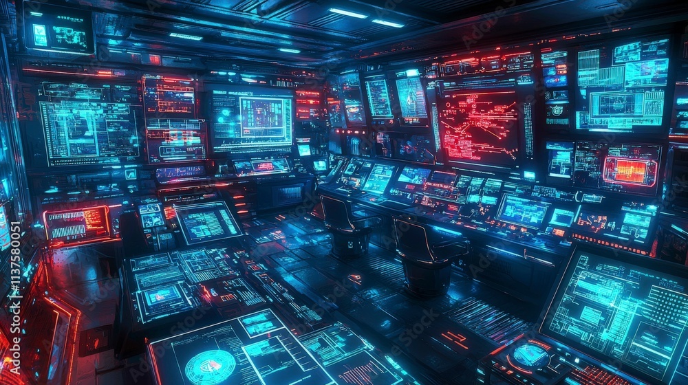 Aufkleber Futuristic ai-driven cybersecurity control room tech hub digital interface high-tech environment futuristic viewpoint