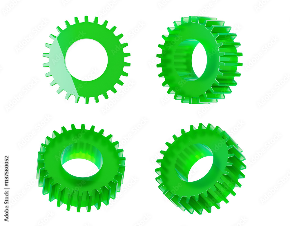 Poster four green 3d gear objects isolated on white background. 3d rendering