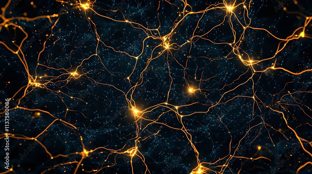 Poster abstract neural network with glowing light connections in dark space