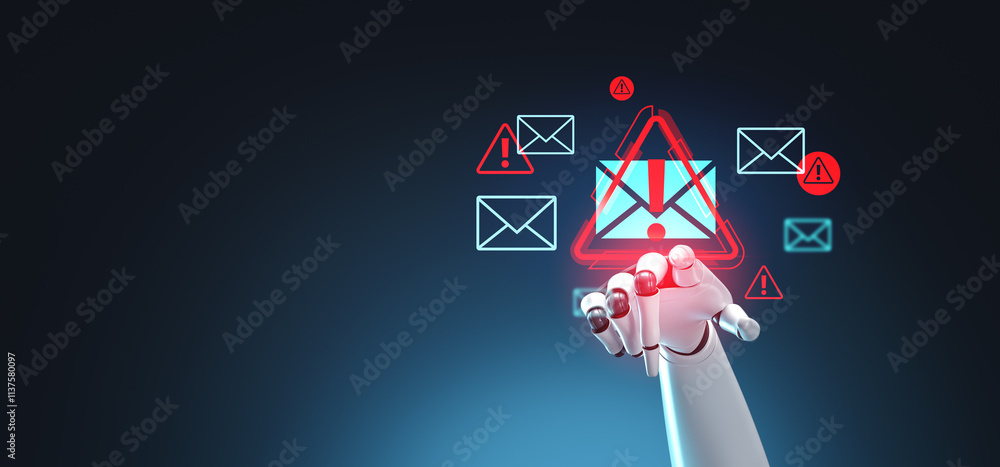 Poster robotic hand interacting with digital email security alerts on dark futuristic background. 3d render