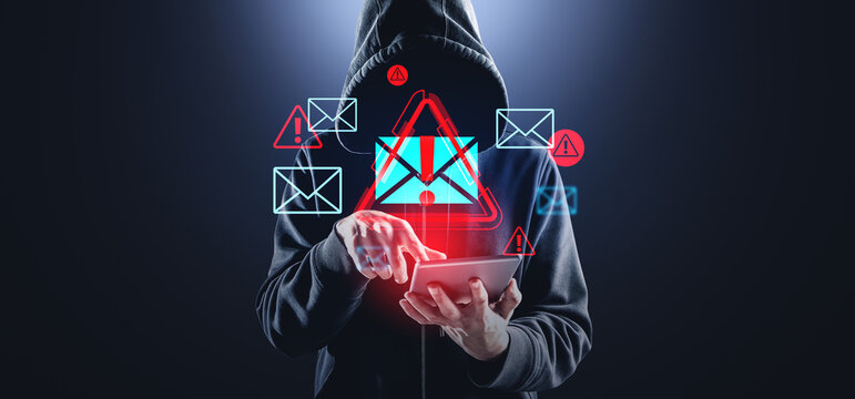 Hacker with malicious email icons on a dark background.